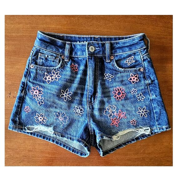 American Eagle Flower Power Denim Jean Cutoff Shorts, Sz 000, Y2K, Retro - Picture 1 of 9